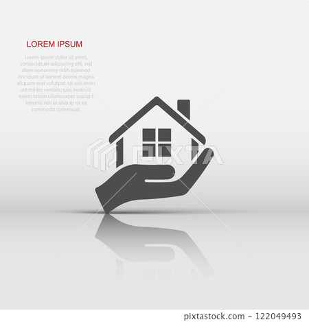 Home care icon in flat style. Hand hold house vector illustration on white isolated background. Building quality business concept. Home care icon in flat style. Hand hold house vector illustration on white isolated background. Building quality business concept. 122049493
