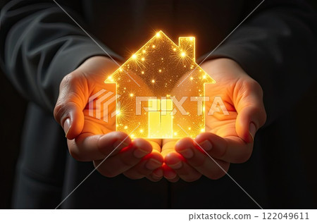 Gold luminous symbol of cozy house In palms of hands with golden glitter. Real estate, realtor, mortgage, insurance, booking, insulation, dream of your own home. AI generated 122049611