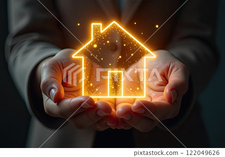 Gold luminous symbol of cozy house In palms of hands with golden glitter. Real estate, realtor, mortgage, insurance, booking, insulation, dream of your own home. AI generated Gold luminous symbol of cozy house In palms of hands with golden glitter. Real estate, realtor, mortgage, insurance, booking, insulation, dream of your own home. AI generated 122049626