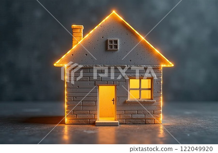 Transparent gold luminous symbol of house on grey concrete background with golden glitter. Real estate, realtor, mortgage, insurance, booking, construction, insulation, heating. AI generated 122049920