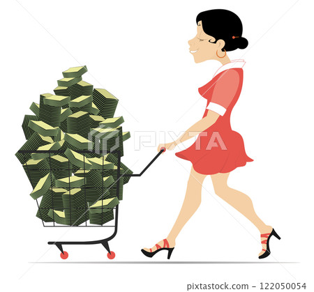 Success in business. Gambling. Lottery. Successful woman is pushing a trolley full of money. Business concept illustration Success in business. Gambling. Lottery. Successful woman is pushing a trolley full of money. Business concept illustration 122050054