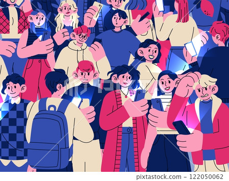 Phone scrolling news. Angry people with smartphones. Mobile device. Men and women reading newsletter. Modern lifestyle. Concept society technology. Many persons on internet. Vector crowd background 122050062