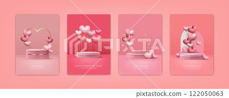 Background heart pink 3D. White podium, balloon product presentation platform, gradient red mockup. Wall stand abstract love holiday valentines day. Vector minimal room rendering posters collection Background heart pink 3D. White podium, balloon product presentation platform, gradient red mockup. Wall stand abstract love holiday valentines day. Vector minimal room rendering posters collection 122050063