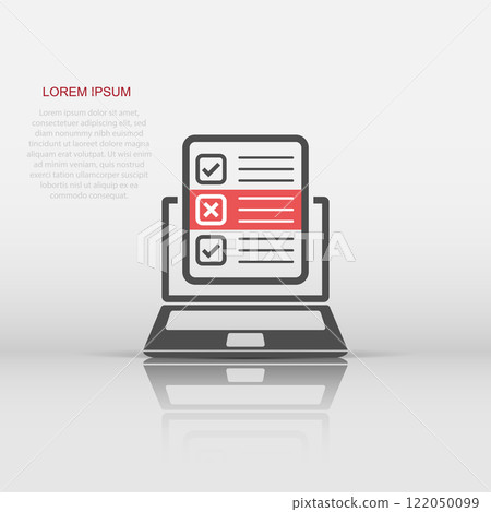 Questionnaire laptop icon in flat style. Online survey vector illustration on white isolated background. Checklist report business concept. 122050099