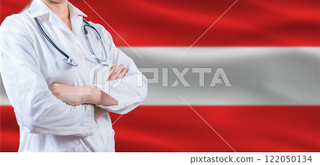 Doctor with crossed arms on Austria flag. Austria Health and Care concept. Female doctor on Austria flag. 122050134
