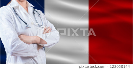 Doctor with crossed arms on France flag. France Health and Care concept. Female doctor on France flag Doctor with crossed arms on France flag. France Health and Care concept. Female doctor on France flag 122050144