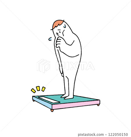 Skinny person measuring his weight 122050150