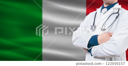 Italy Health and Care concept. Male doctor on Italy flag. Doctor with crossed arms on Italy flag 122050157