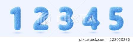 3d blue fur fluffy font numbers from 1 to 5. Furry or soft wool felt numeral icons. Fuzzy figures from one to five with hair texture isolated on white background, render realistic set. 3D illustration 3d blue fur fluffy font numbers from 1 to 5. Furry or soft wool felt numeral icons. Fuzzy figures from one to five with hair texture isolated on white background, render realistic set. 3D illustration 122050286