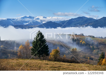 Beautiful view of alpine hills with green grass, trees and foggy mountains covered with snow Beautiful view of alpine hills with green grass, trees and foggy mountains covered with snow 122050348