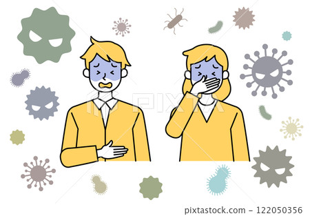 Vector illustration of stomach pain and nausea due to food poisoning Woman Man Virus Infection Diarrhea Vomiting Cold 122050356