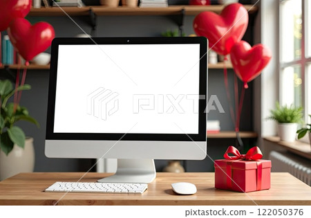 Computer Monitor with a white screen mock up on table in cozy home office with red balls in form of heart, gift, potted plants, bookshelf. Valentines Day present, date, romance. AI generated Computer Monitor with a white screen mock up on table in cozy home office with red balls in form of heart, gift, potted plants, bookshelf. Valentines Day present, date, romance. AI generated 122050376