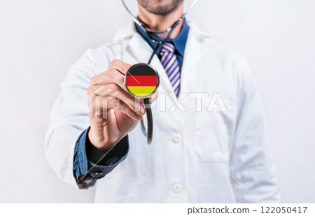 Germany Healthcare System, Doctor holding stethoscope. Germany health and medical insurance concept 122050417