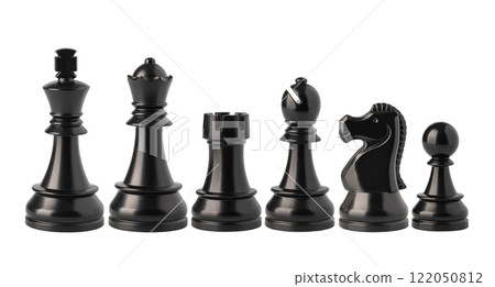 Black and white chess pieces floating on white background 122050812