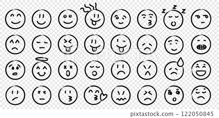 Emojis faces icon in hand drawn style. Doddle emoticons vector illustration on isolated background. Happy and sad face sign business concept. Emojis faces icon in hand drawn style. Doddle emoticons vector illustration on isolated background. Happy and sad face sign business concept. 122050845