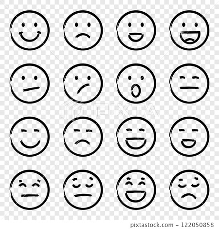 Emojis faces icon in hand drawn style. Doddle emoticons vector illustration on isolated background. Happy and sad face sign business concept. Emojis faces icon in hand drawn style. Doddle emoticons vector illustration on isolated background. Happy and sad face sign business concept. 122050858
