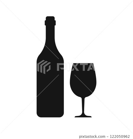 Wine bottle with glass icon in flat style. Alcohol drink vector illustration on isolated background. Champagne beverage sign business concept. Wine bottle with glass icon in flat style. Alcohol drink vector illustration on isolated background. Champagne beverage sign business concept. 122050962