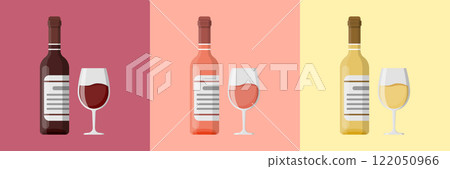 Wine bottles with glasses icon in flat style. Alcohol drink vector illustration on isolated background. Champagne beverage sign business concept. 122050966