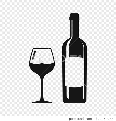 Wine bottle with glass icon in flat style. Alcohol drink vector illustration on isolated background. Champagne beverage sign business concept. 122050972