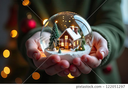 Magical glass ball with tiny modern form house and snow inside in cozy hand with Christmas tree with garlands on background. Insurance, mortgage, purchase real estate. AI generated 122051297