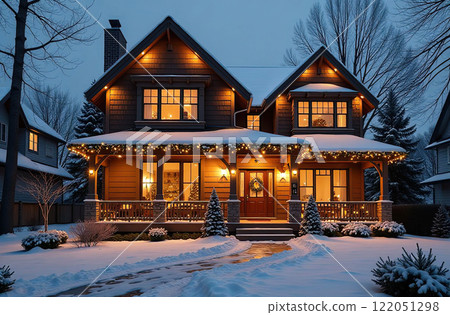 Modern cozy house in Christmas decor and snow, Festive mood. Tourism, travel in winter, vacation on New Year, mini hotel, booking, insurance, mortgage, housing, rent, moving. AI generated 122051298