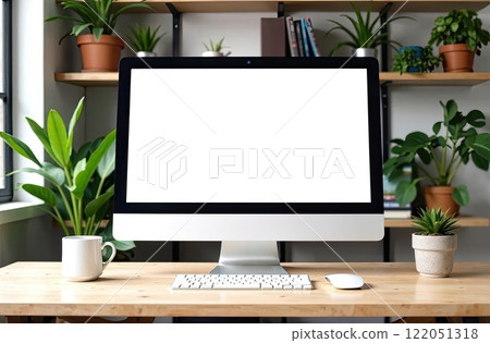Computer Monitor with a white screen mock up on table in cozy home office with potted plants, bookshelf And white cup of coffee. AI generated 122051318