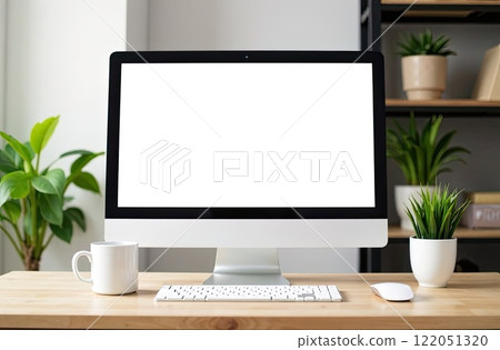 Computer Monitor with a white screen mock up on table in cozy home office with potted plants, bookshelf And white cup of coffee. AI generated 122051320