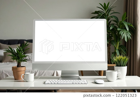 Computer Monitor with a white screen mock up on table in cozy home office with potted plants, bookshelf And white cup of coffee. AI generated 122051323