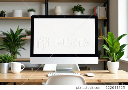 Computer Monitor with a white screen mock up on table in cozy home office with potted plants, bookshelf And white cup of coffee. AI generated 122051325