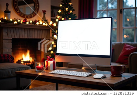 Home Computer Monitor with white screen mock up on table in the cozy home office of Christmas decor, Christmas tree and burning fireplace with garlands. AI generated 122051339