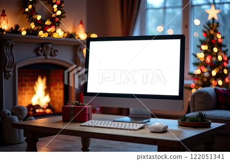 Home Computer Monitor with white screen mock up on table in the cozy home office of Christmas decor, Christmas tree and burning fireplace with garlands. AI generated 122051341