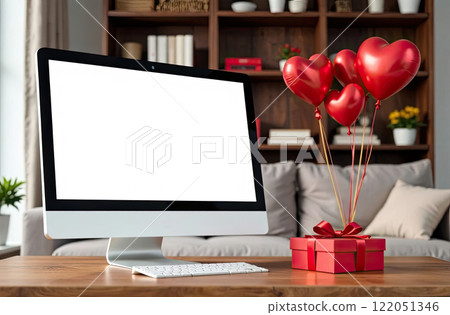 Computer Monitor with a white screen mock up on table in cozy home office with red balls in form of heart, gift, potted plants, bookshelf. Valentines Day present, date, romance. AI generated 122051346