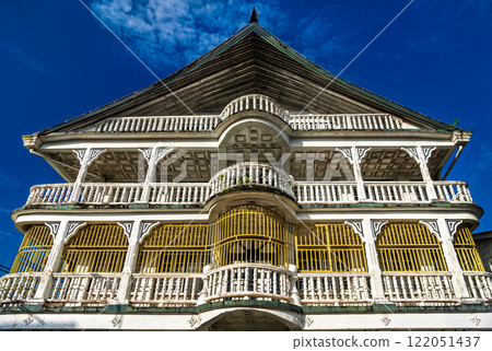 Traditional houses in the historic center of Paramaribo, UNESCO world heritage in Suriname, South America 122051437