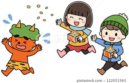 Illustration of children throwing beans at a demon on Setsubun 122051563