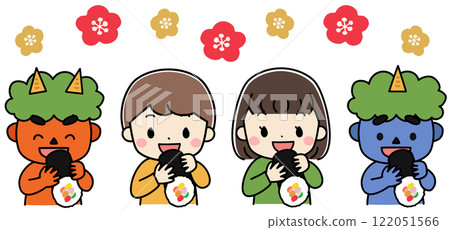 Illustration of demons and children eating ehomaki on Setsubun 122051566