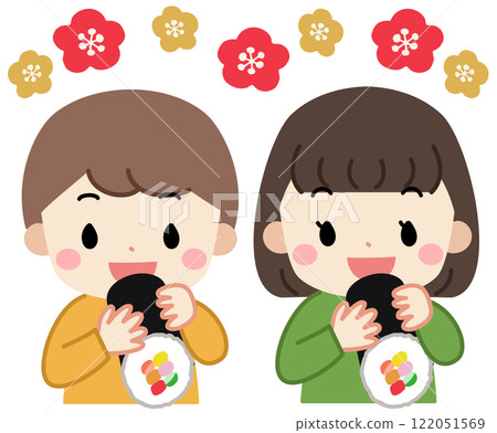 Illustration of kids eating ehomaki on Setsubun 122051569