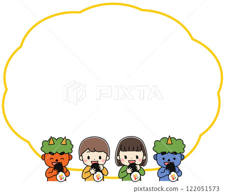 Frame illustration of demons and children eating ehomaki on Setsubun Frame illustration of demons and children eating ehomaki on Setsubun 122051573