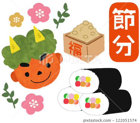 Setsubun demon, ehomaki and bean-throwing icon illustration 122051574