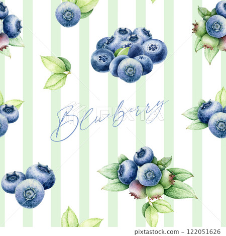Fresh blueberries with green leaves on striped background elegant seamless pattern element. Hand drawn blueberry watercolor illustration. Perfect for fabric, packaging, decor and food-themed designs 122051626