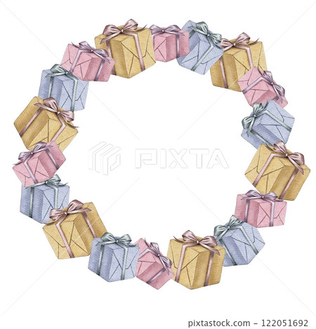 Watercolor wreath, round frame of Gift's boxes Watercolor wreath, round frame of Gift's boxes 122051692