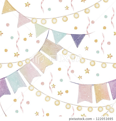 Seamless pattern of festive flags and garlands in watercolor 122051695