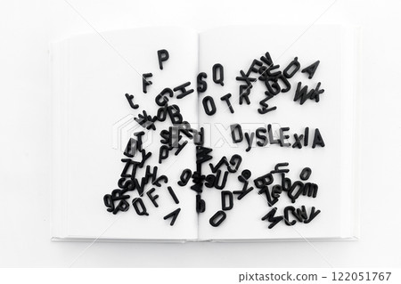 Dyslexia concept. Book filled with jumbled letters 122051767