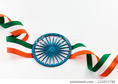 Indian Republic and Independence Day Symbol. Tricolor Ribbon and Blue Wheel 122051786