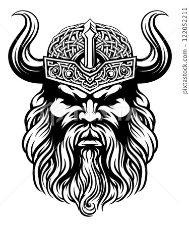 Viking Warrior Man Strong Mascot Face in Helmet 122052211