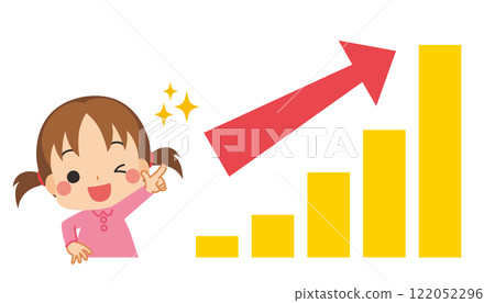 Illustration of a rising graph and a cute little girl pointing up, white background, vector, clip art 122052296