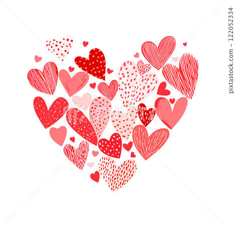 Vector illustration of a Valentine's Day design with colorful hand-drawn hearts 122052334