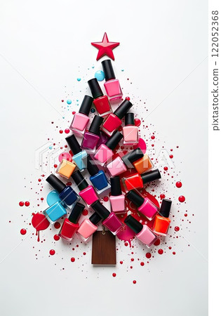A Christmas tree made of colorful flacon with nail polish on a white background with colored splashes is a Christmas card for a nail service master, an appointment for a manicure for the new year. AI A Christmas tree made of colorful flacon with nail polish on a white background with colored splashes is a Christmas card for a nail service master, an appointment for a manicure for the new year. AI 122052368
