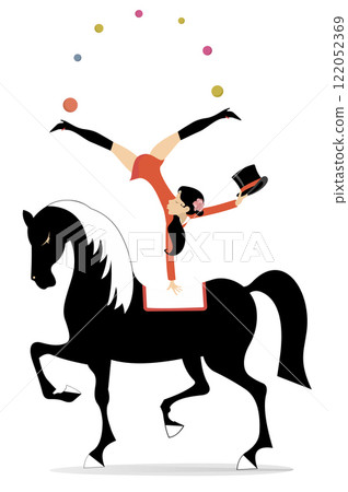 Young woman rides horse and juggles the balls. Pretty young woman in the top hat balances on one hand on the horse and juggles the balls. Isolated on white background Young woman rides horse and juggles the balls. Pretty young woman in the top hat balances on one hand on the horse and juggles the balls. Isolated on white background 122052369