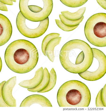 Watercolor avocado seamless pattern on white background. Green vegetable illustration. Hand drawn botanical plant drawing background for pack, textile, fabric and food packaging design. 122052384