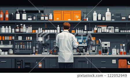 A scientist conducting research and experiments in a science lab. Created with Generative AI. A scientist conducting research and experiments in a science lab. Created with Generative AI. 122052949